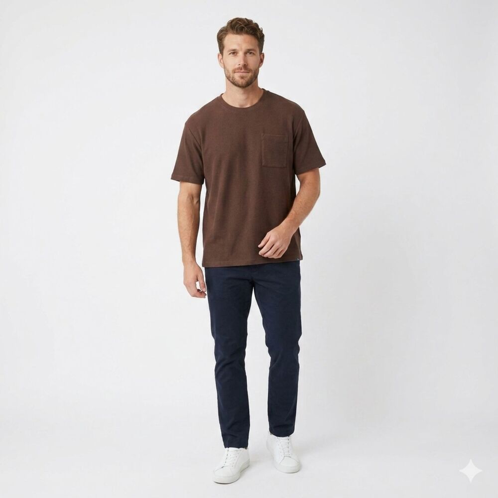 Ben Sherman Waffle Weave Pocket Tee Shirt XL Brown Textured Logo Oversized Boxy